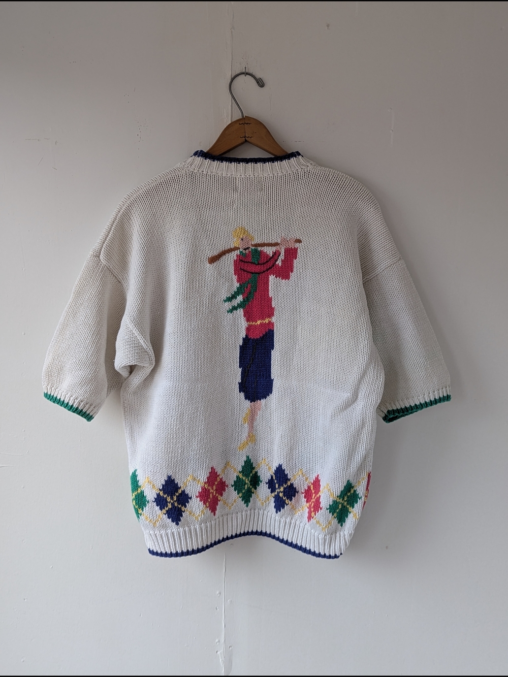 Vintage Cape Isle Knitters Baseball White Multicolor Argyle Knit Cardigan Large